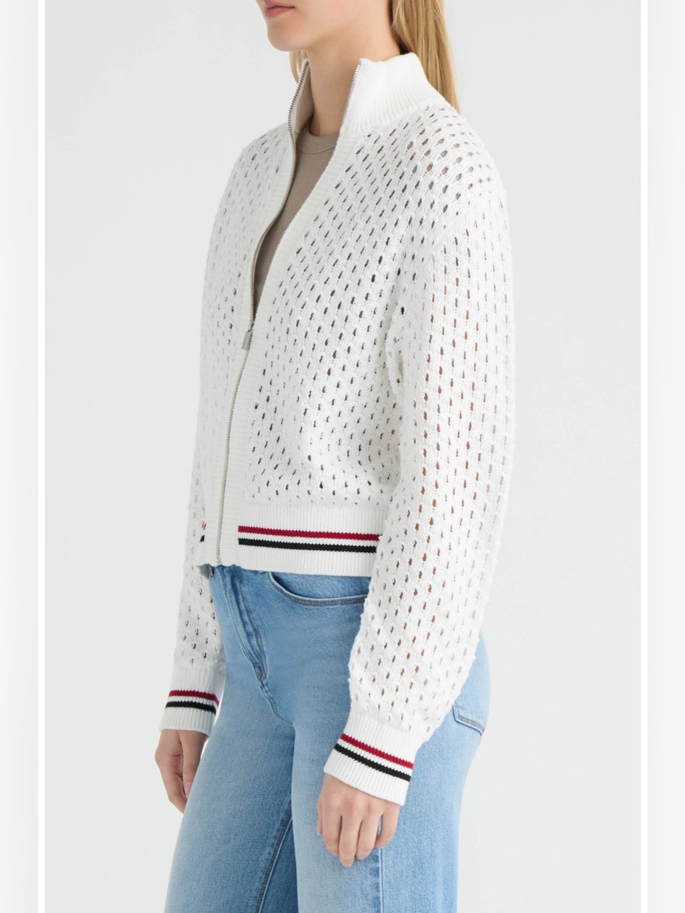 Hunter Women's White Cropped Openwork Bomber Jacket White with Red & Black Trim - Picture 4 of 12